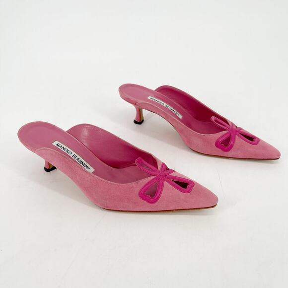 Manolo Blahnik Retro Pink Suede Heart Cross Pointed Toe Kitten Heel Mule IT 37.5 - Picture 1 of 12
